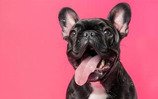 Französisch Bulldogge Hund Das hat geöffnet es ist Mund und Stöcke aus es ist Zunge foto