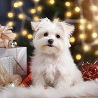 klein Weiß Hund Sitzung im Vorderseite von die Geschenke unter ein Weihnachten Baum foto