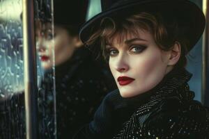 ein elegant Frau im ein Hut im schwarz Kleidung, rot Lippenstift auf ihr Lippen, sieht aus geheimnisvoll beim das Kamera foto