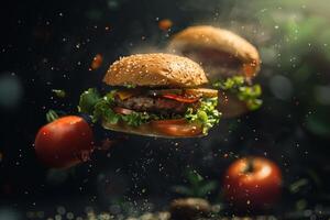 zwei klein Fleisch Burger schweben auf schwarz Hintergrund mit Tomate foto