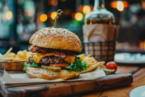 lecker Kunst Rindfleisch Burger auf ein verschwommen Restaurant Hintergrund mit Fritten. Cheeseburger mit Zwiebeln, Scheibe Tomate, Kopfsalat, Speck, Essiggurke und Kartoffel Französisch Fritten. foto