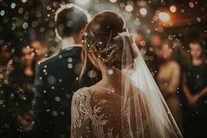 Hochzeit Feier. das Braut Mädchen ist im das Vordergrund unter das Bräutigam und andere Gäste. mysteriös Atmosphäre. zurück Aussicht foto