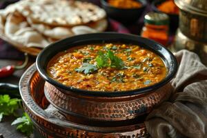 indisch dal. traditionell indisch Suppe Linsen. indisch dhal würzig Curry im Schüssel, Gewürze, Kräuter, rustikal schwarz Hintergrund. foto