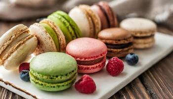 Macarons von anders Farben auf ein Tisch. foto