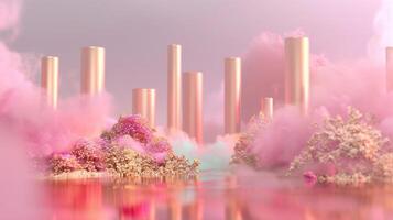 ein verträumt Rosa und Gold Hintergrund mit Eukalyptus Blätter, Erstellen ein Atmosphäre von Luxus zum Produkt Anzeige im das Stil von surreal Fantasie Landschaften. foto