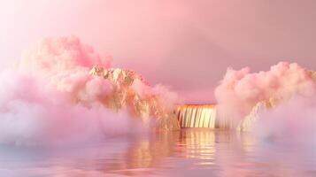 ein verträumt Rosa und Gold Hintergrund mit Eukalyptus Blätter, Erstellen ein Atmosphäre von Luxus zum Produkt Anzeige im das Stil von surreal Fantasie Landschaften. foto