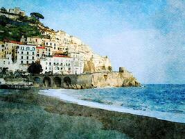 Digital Aquarell Stil von ein Winter Blick von das Amalfi Küste und Strand foto