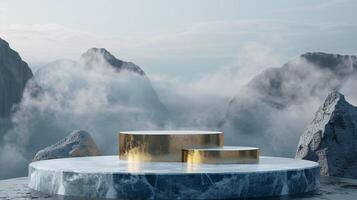 Rauch Tänze inmitten Wolken und Himmel, und Gold geometrisch Stein und Felsen gestalten Hintergrund., Jahrgang Szene, mit Gold Podium Bühne minimal abstrakt Hintergrund. foto