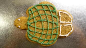 Lebkuchen Plätzchen im das gestalten von ein farbig Schildkröte foto