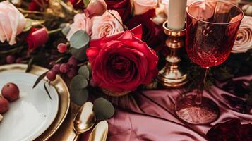 Hochzeit und Veranstaltung Feier Tischlandschaft mit Blumen, formal Abendessen Tabelle Rahmen mit Rosen und Wein, elegant Blumen- Tabelle Dekor zum Abendessen Party und Urlaub Dekoration, Zuhause Styling foto