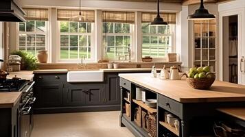 dunkel Küche Dekor, Hütte Innere Design und Haus Verbesserung, Englisch im Rahmen Küche Schränke im ein Land Haus Stil foto