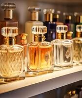 Luxus Duft Flaschen beim Parfüm Duft beim Präsentation Fall, maßgeschneidert Parfümerie und Schönheit Produkt Verkauf, foto