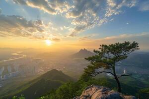 Foto Sonnenaufgang von bukhansan Berg im Seoul Stadt scape