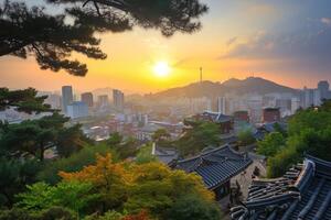Foto Sonnenaufgang von bukhansan Berg im Seoul Stadt scape