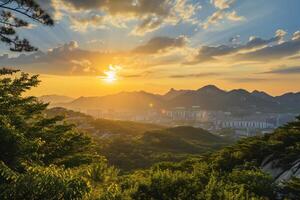 Foto Sonnenaufgang von bukhansan Berg im Seoul Stadt scape