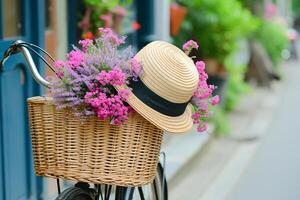 weiblich ist Reiten Fahrrad mit Korb von Rosa Chrysanth Fahrrad Korb mit Blumen und Hut foto