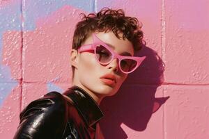 Porträt von ein weiblich Modell- mit ein kurz Haarschnitt tragen Sonnenbrille mit Rosa Frames und ein schwarz Leder Jacke. Rosa Hintergrund, sonnig Tag foto