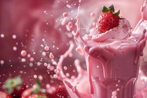 Erdbeere Smoothie mit Stücke von Erdbeeren auf ein Rosa Hintergrund. Milchshake spritzt foto