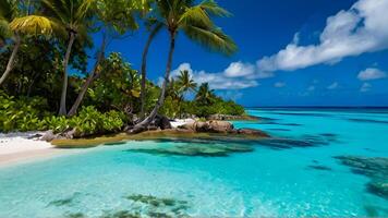 tropisch Paradies Kristall klar Türkis Gewässer, üppig Grün Palme Bäume. Strand Panorama mit Blau Wasser und Palme Bäume. foto