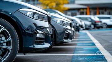 Reihe von geparkt Autos Anzeigen Vorderseite Grills und Scheinwerfer im ein tagsüber Parkplatz Menge foto