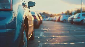 Sonnenuntergang Licht Gießen lange Schatten im ein Parkplatz Menge mit Autos im ein Reihe foto