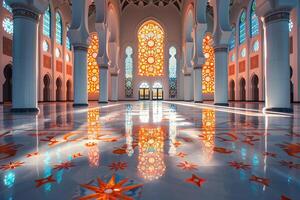 Moschee Innere mit schön Boden, Säulen und Decke, Sonnenschein Kommen obwohl das Hintergrund foto