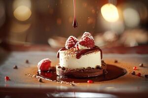 dekadent Kuchen mit Schokolade Nieselregen und Himbeeren foto