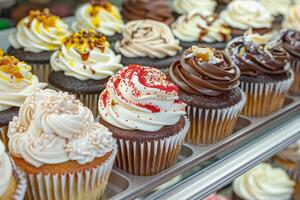 sortiert Cupcakes im Bäckerei Anzeige Fall foto