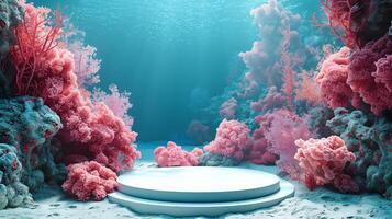leeren Weiß Podium unter Wasser auf Sand und rot Korallen Hintergrund, coloful Korallen, Licht Blau Meer Wasser zum Produkt Präsentation foto