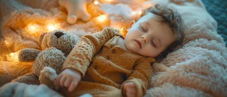 süß Baby Junge Schlafen mit Teddy Bär Spielzeug auf Sanft Bett gemütlich Schlafzimmer foto