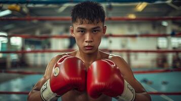Porträt von thailändisch Teenager Junge tragen rot Boxen Handschuhe Boxen im das Ring, Sport Foto Stil