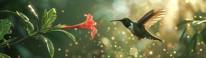 Kolibri fliegend und Rosa Blume auf natürlich Grün Hintergrund mit warm Morgen Sonnenlicht foto