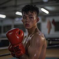 Porträt von thailändisch Teenager Junge tragen rot Boxen Handschuhe Boxen im das Ring, Sport Foto Stil