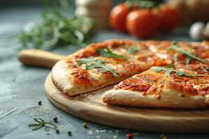 ein Scheibe von Pizza ist platziert auf ein klein modern hölzern Tafel auf ein sauber Küche Tabelle Fachmann Werbung Essen Fotografie foto