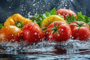 ein frisch Früchte oder Gemüse mit Wasser Tröpfchen Erstellen ein Spritzen Werbung Essen Fotografie foto