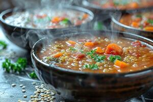 das Wärme und Ernährung von hausgemacht Suppen oder Samt Essen Fachmann Werbung Essen Fotografie foto