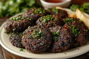 Falafels sind tief gebraten Bälle traditionell gefunden im Mitte östlichen Küche Essen Fachmann Werbung Essen Fotografie foto