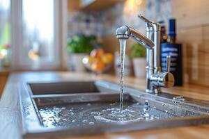 Wasserhahn im modern Küche sinken Fachmann Werbung Fotografie foto