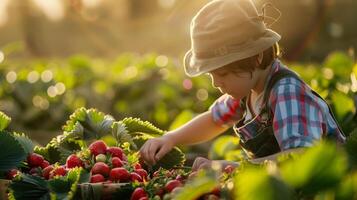 ein jung Farmer inspizieren ein Scheffel von rundlich Erdbeeren im ein weich, diffus Morgen Licht. generiert durch künstlich Intelligenz. foto
