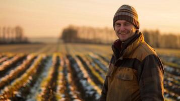 ein Farmer Stehen auf ein Winter Feld. Hinweis von ein lächeln, suchen in Kamera, spät Nachmittag. generiert durch künstlich Intelligenz. foto