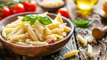 Pasta mit Tomaten und Spinat im ein Schüssel. ein Italienisch Spagetti Gericht, schließen hoch, Parmesan Käse, Essen Fotografie. generiert durch künstlich Intelligenz. foto