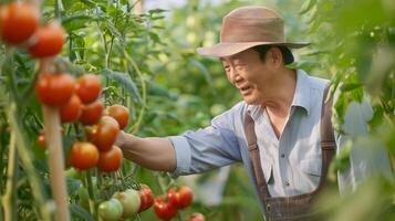 ein zuversichtlich, gut angezogen 40 Jahre alt asiatisch Farmer neigen zu Tomate Pflanzen. voll Körper Schuss, reif Tomaten auf das Ranke, üppig Tomate Obstgarten im das Hintergrund. foto
