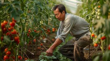 ein zuversichtlich, gut angezogen 40 Jahre alt asiatisch Farmer neigen zu Tomate Pflanzen. voll Körper Schuss, reif Tomaten auf das Ranke, üppig Tomate Obstgarten im das Hintergrund. foto