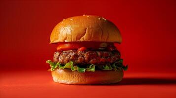 ein Burger auf Mono Farbe Studio mit rot Hintergrund, Produkt Schießen Schwingungen, das Burger Pastetchen suchen lecker. generiert durch künstlich Intelligenz. foto