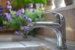 Wasserhahn im modern Küche sinken Fachmann Werbung Fotografie foto