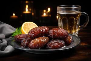 ein Tasse Tee und Termine auf Teller zum Ramadan iftar Stil Fachmann Werbung Essen Fotografie foto