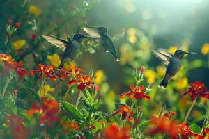 Kolibri inmitten das blüht foto