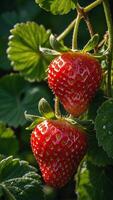 schließen oben Aussicht von reif saftig Erdbeeren hängend auf ein Ast foto