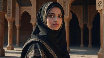 schön Arabisch Mädchen im traditionell schwarz Kleid mit Hijab foto