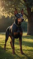 Dobermann Hund Stehen im ein heiter Park mit üppig Bäume und ein Rahmen Sonne foto